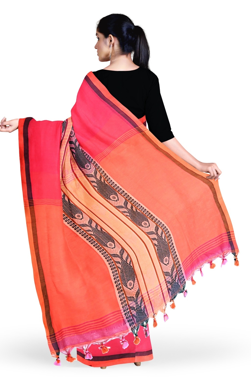 Pink Orange Pure Cotton Marine Hand Loom Saree (1278)